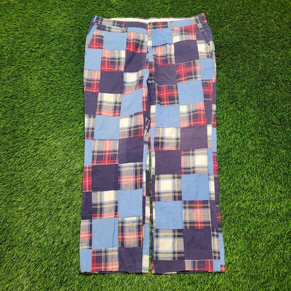Vintage 70s Patchwork Plaid Pants 39x29.5 High Rise Straight Leg Scovill Zipper - Picture 1 of 13